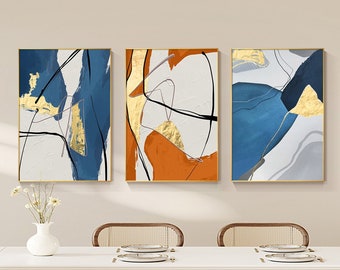 Set of 3 Large Abstract Modern Gold foil Navy Blue Orange Original texture Oil Painting On Canvas Living Room Bedroom Office Framed Wall Art