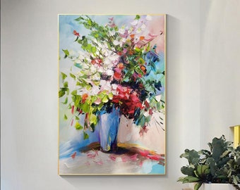 Groot bloemenolieverfschilderij op canvas: kleurrijke bloemen in vaas