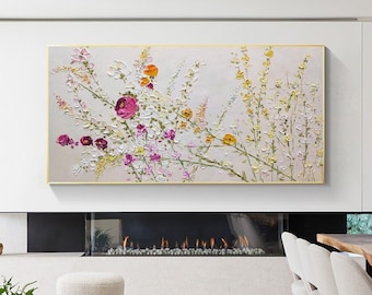 Flower Oil Painting Original Large Framed Palette Knife Red White Yellow Floral Painting On Canvas Living room Wall Decor Heavy Texture