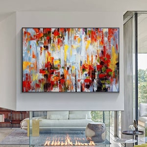 Large Abstract Flowers Palette Knife Original Oil Painting On Canvas Red Yellow Green White Floral Heavy Texture Wall art Modern Decor