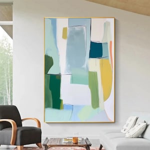 Large Abstract Frame Color Block Original Green tones wall art Geometric Oil Painting On Canvas Modern Brush Scroke Living Room Wall Decor