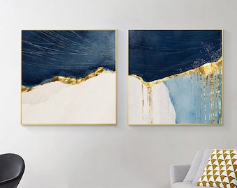 Set of 2 Large Abstract Modern framed Gold Blue Square Gold Foil Texture Original Oil Painting On Canvas Living Room Bedroom Office Wall art