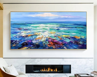 Large Ocean View Seascape Oil painting Modern Abstract Original Palette Knife Framed Colorful Living Room Wall Decor Blue Texture Italy Art