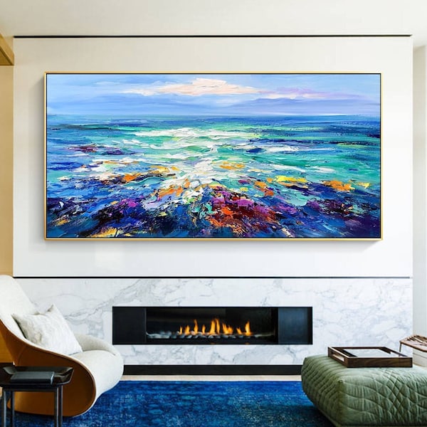 Large Ocean View Seascape Oil painting Modern Abstract Original Palette Knife Framed Colorful Living Room Wall Decor Blue Texture Italy Art