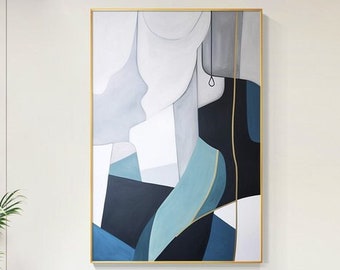 Large Abstract Gold line art Abstract acrylic Geometry paintings on canvas original framed Blue Organic Shape wall art