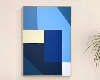 Large Modern Abstract Blue White Minimalist Wall Art Color Block multi color Geometric oil Painting On Canvas Living room Wall Decor