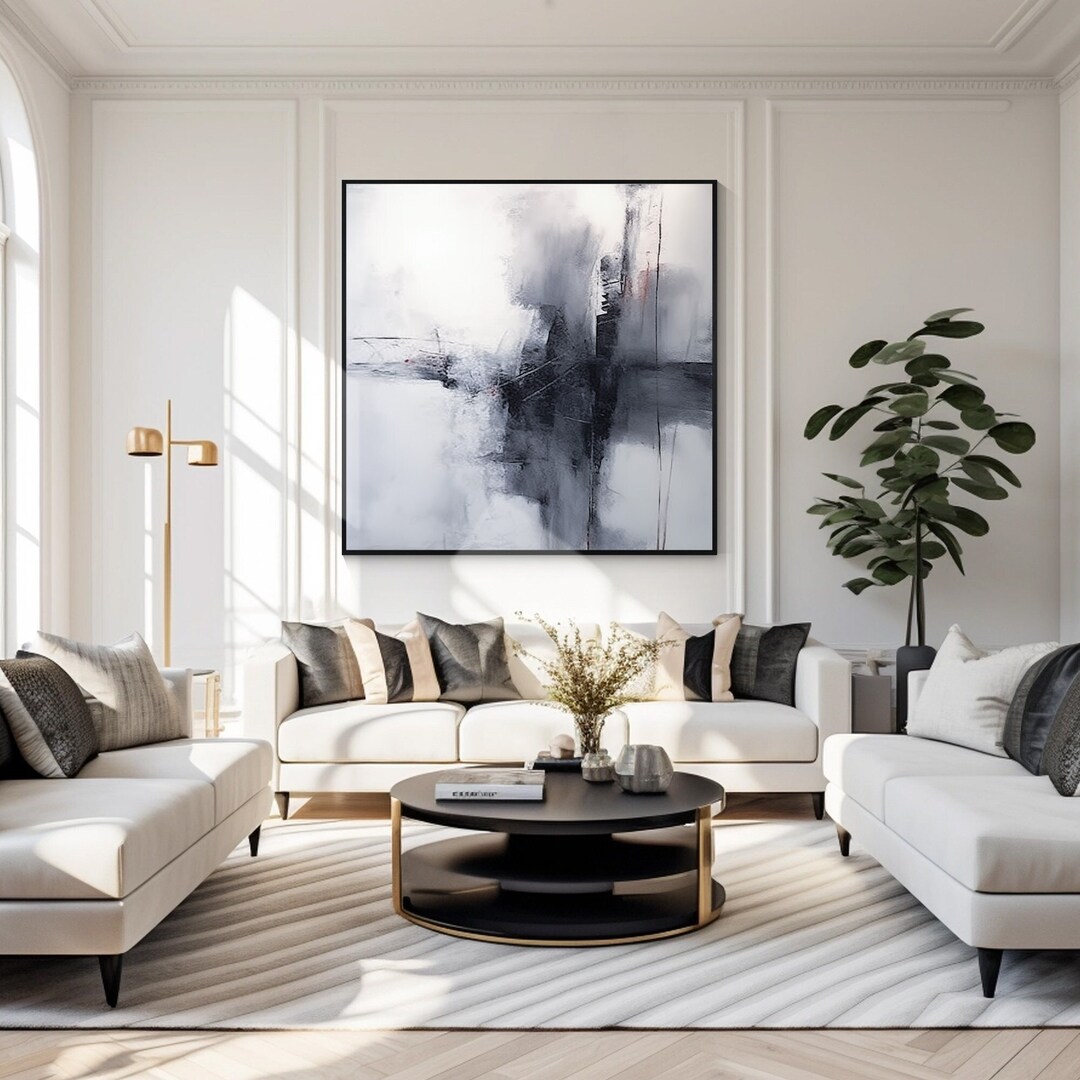 Large Black and White Abstract Oil Painting: Modern Minimalist Wall Art ...