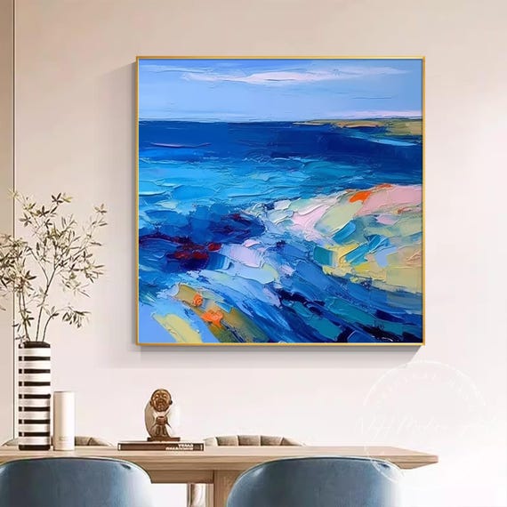Framed Abstract Seascape Oil Painting: Textured Ocean View Wall Art