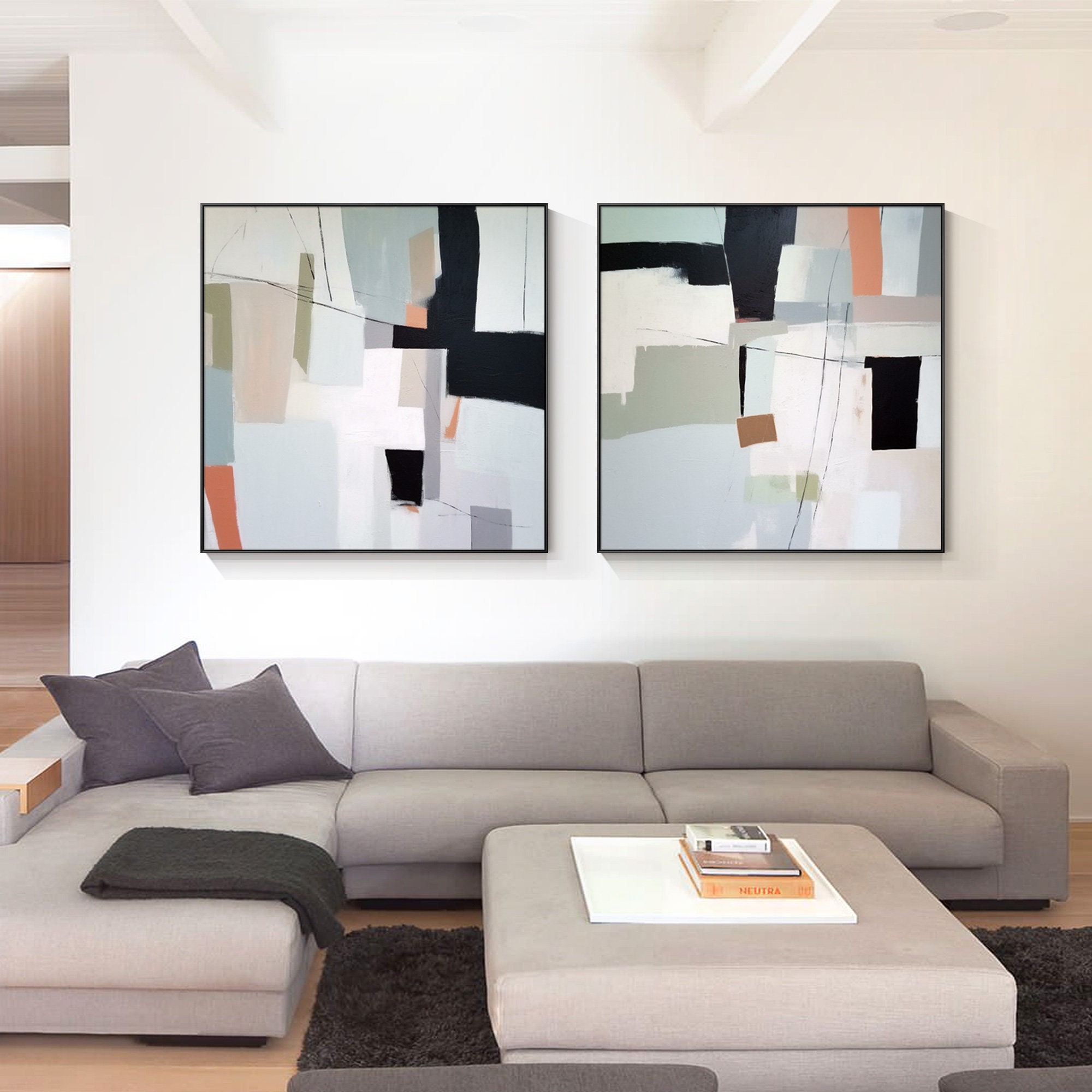 Set of 2 Large Abstract Color Block Canvas Painting Set: Neutral ...