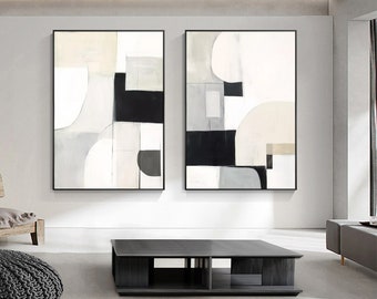 Set of 2 Large Abstract Framed Black and White Geometric Oil Painting On Canvas Modern Brush Scroke Soft wall art Living Room Wall Decor