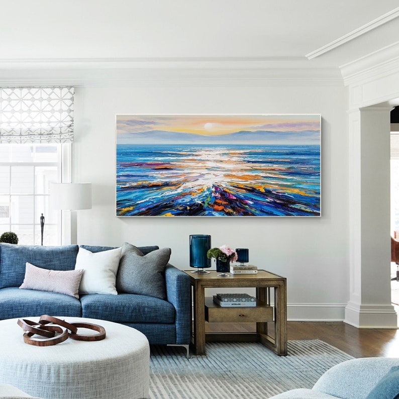 Large Modern Abstract Original Palette Knife Sunrise Ocean View oil painting Colorful Living Room Wall Decor Textured Sunset Seaview image 1