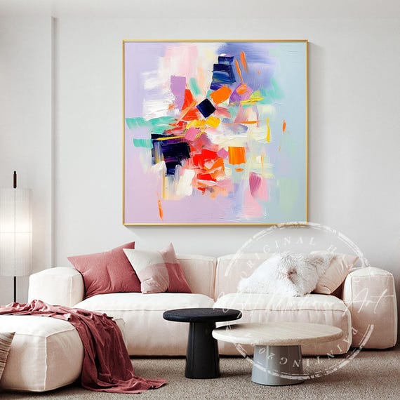 Large Abstract Floral Oil Painting: Palette Knife Texture, Framed Canvas Art