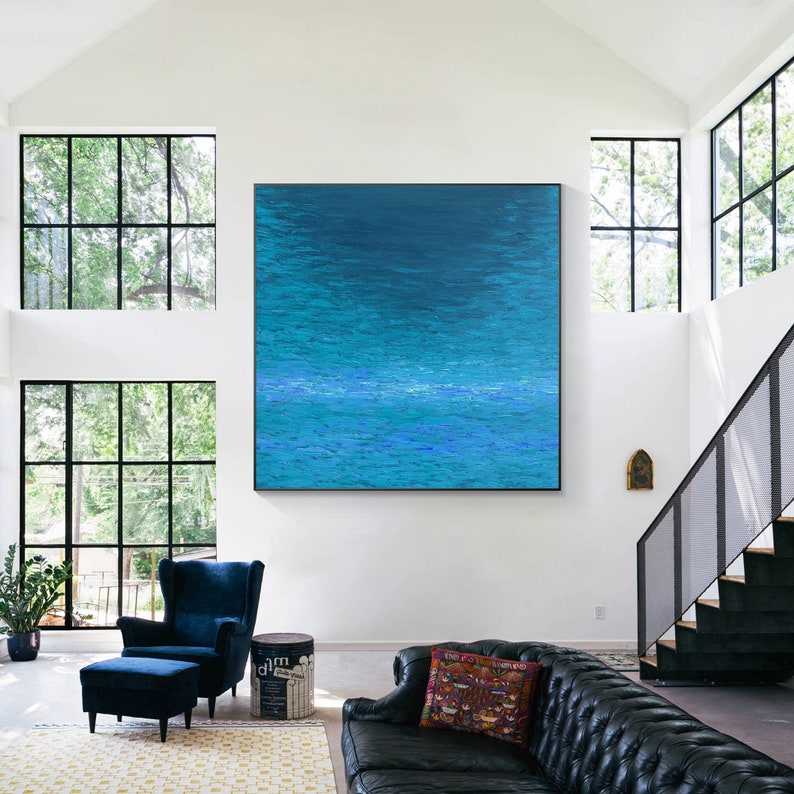 Large Blue Abstract Framed Wall Art Palette Knife Original Frame Square Oil Painting on Canvas