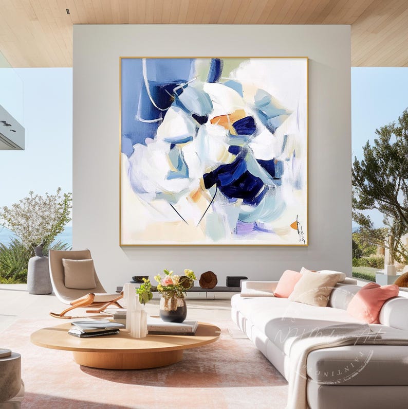 Large Abstract Blue Oil Painting: Modern Framed Wall Art - Etsy