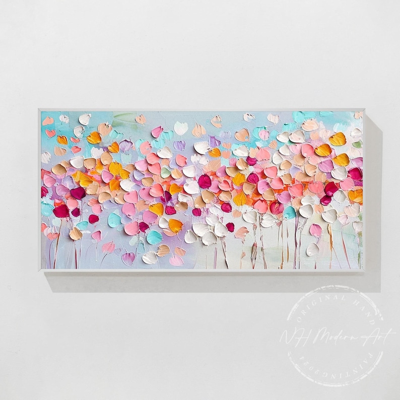 May include: Abstract painting with a textured, colorful floral design. The painting features a variety of pink, orange, yellow, and blue flowers on a light blue background.