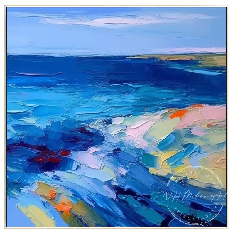 May include: Abstract painting of a seascape with blue, green, and white colors. The painting has a textured, impasto style.