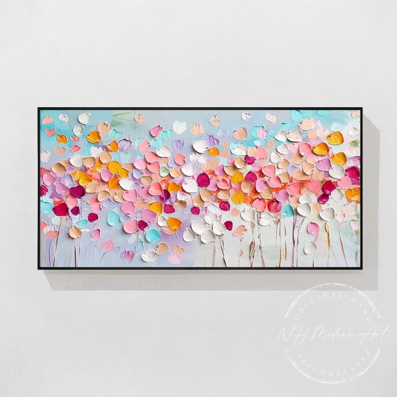 May include: Abstract painting of a field of colorful flowers in shades of pink, orange, yellow, blue, and white. The flowers are painted in a textured style, giving the painting a three-dimensional effect.
