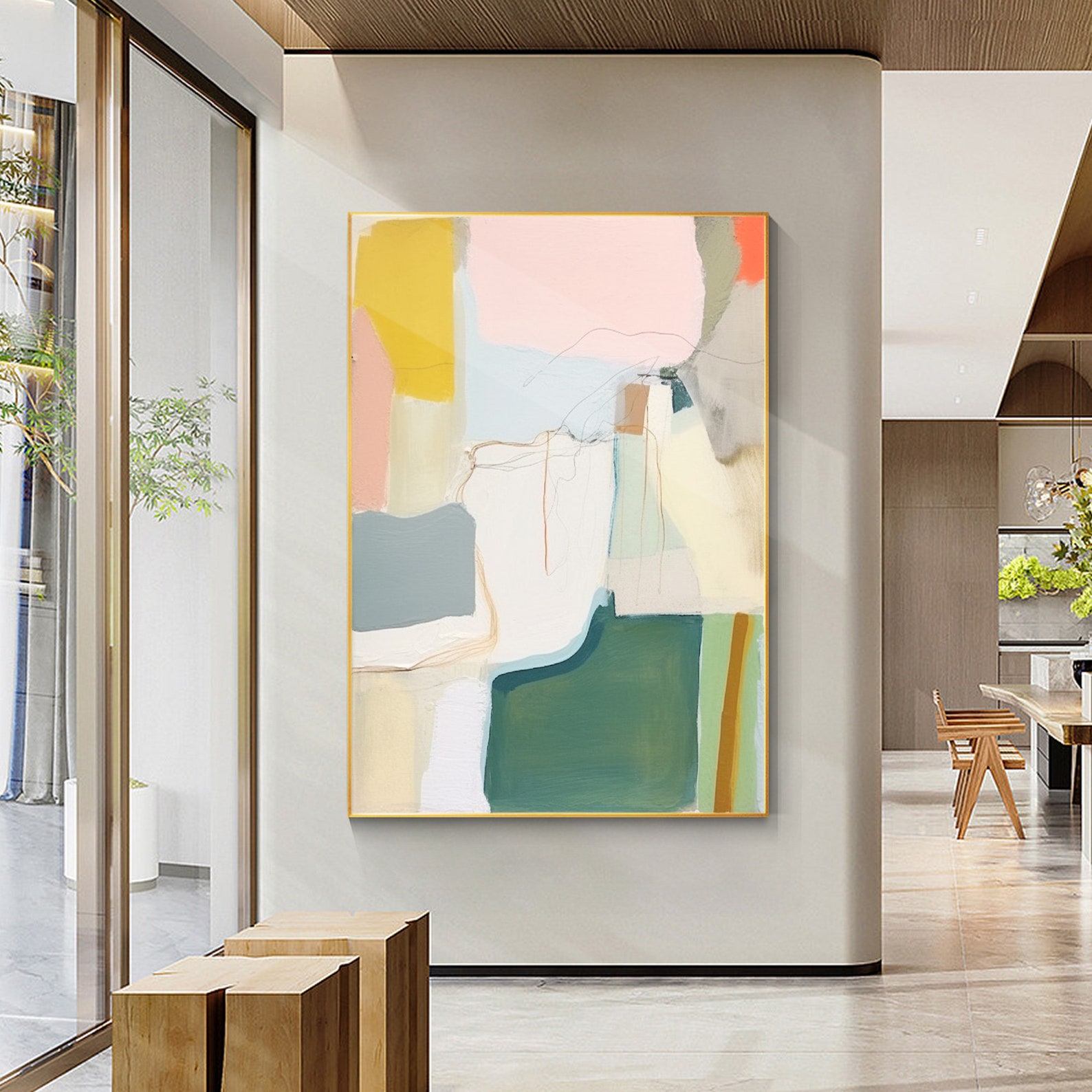 Large Abstract Colorblock Patterns Large Abstract Color Block Oil Painting: Modern Geometric Framed Canvas ...
