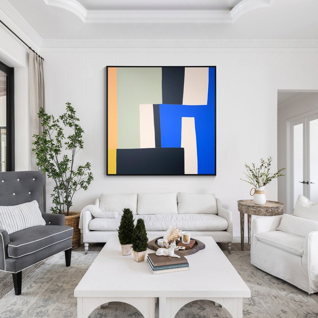 Large Abstract Colorblock Patterns Large Abstract Color Block Oil Painting: Blue Black Geometric Wall Art ...