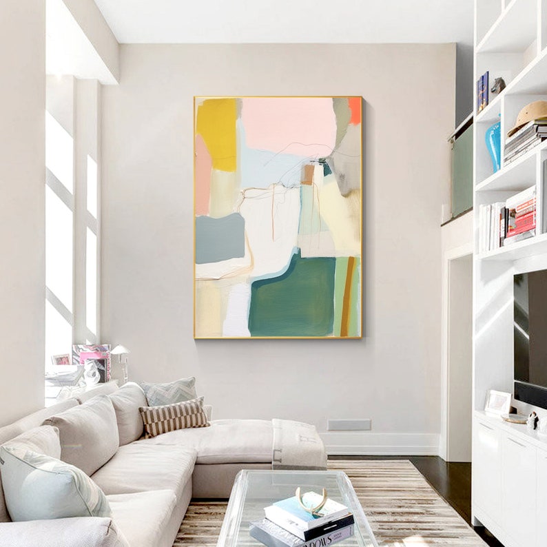 Large Abstract Colorblock Patterns Large Abstract Color Block Oil Painting: Modern Geometric Framed Canvas ...