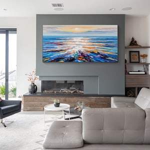 Large Modern Abstract Original Palette Knife Sunrise Ocean View oil painting Colorful Living Room Wall Decor Textured Sunset Seaview image 4