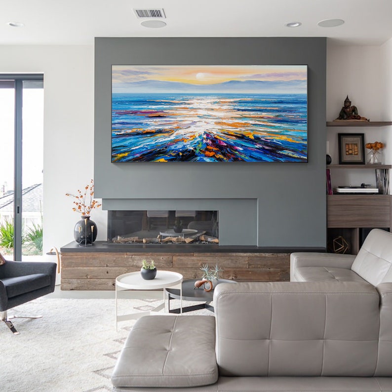 Large Modern Abstract Original Palette Knife Sunrise Ocean View oil painting Colorful Living Room Wall Decor Textured Sunset Seaview image 4