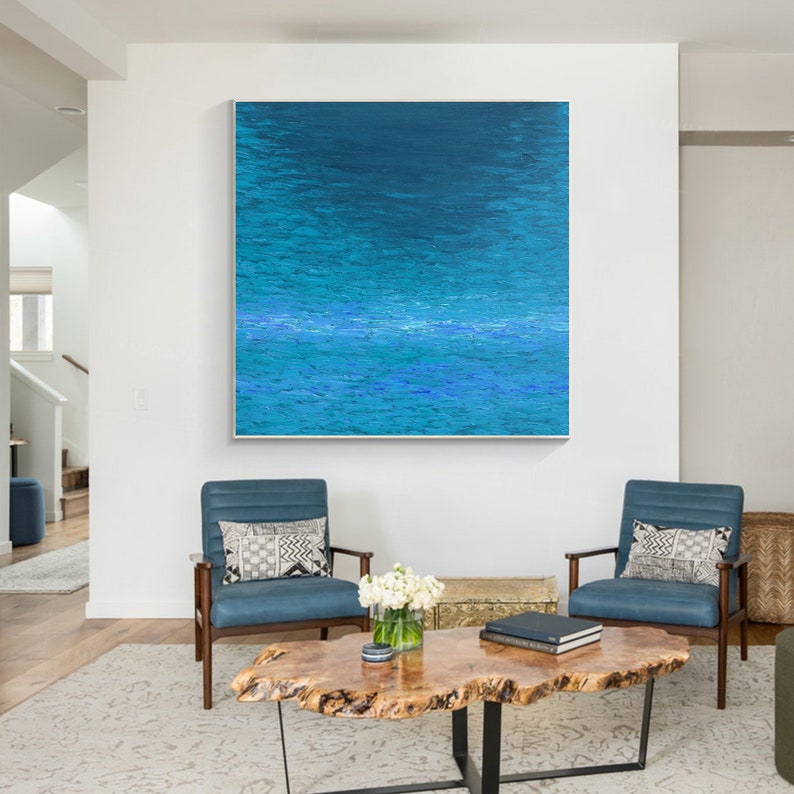 Large Blue Abstract Framed Wall Art Palette Knife Original Frame Square Oil Painting on Canvas