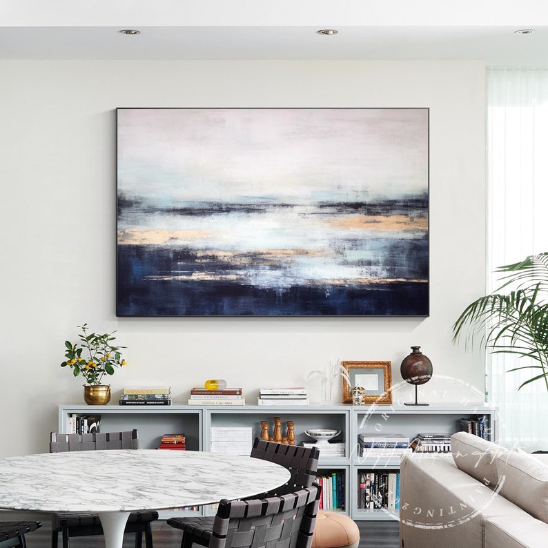 Large Ocean View Seascape Oil Painting Navy Blue Wall Art Original