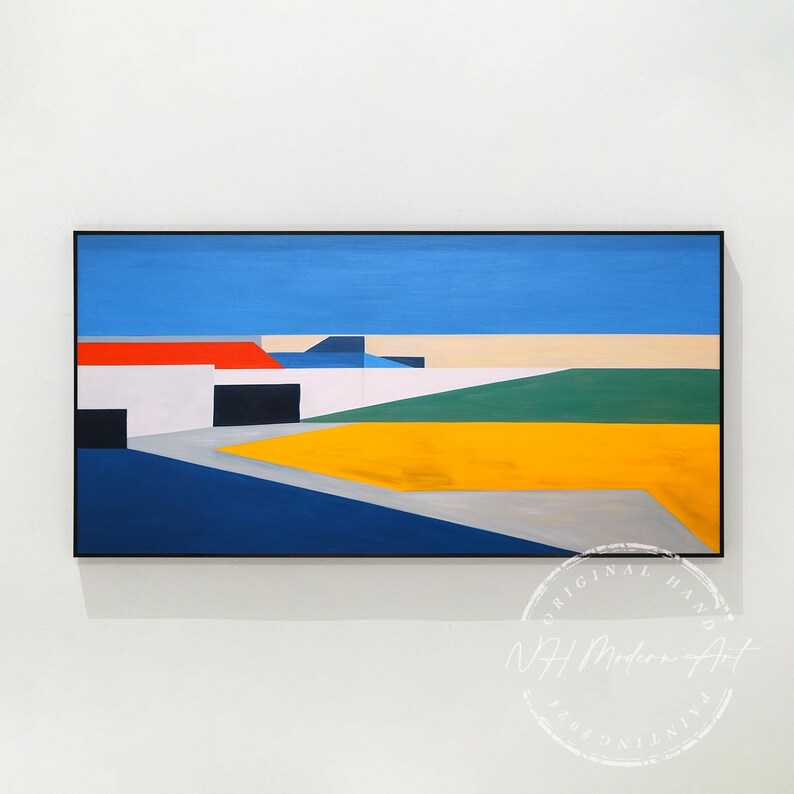 Large Abstract Framed Modern Geometric Blue Oil Painting on Canvas