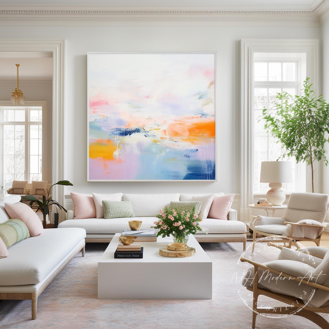 Large Abstract Oil Painting: Modern Pastel Orange Blue Canvas Art - Etsy