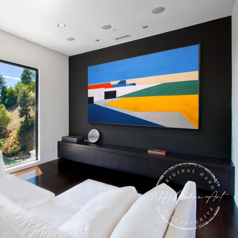 Large Abstract Framed Modern Geometric Blue Oil Painting on Canvas