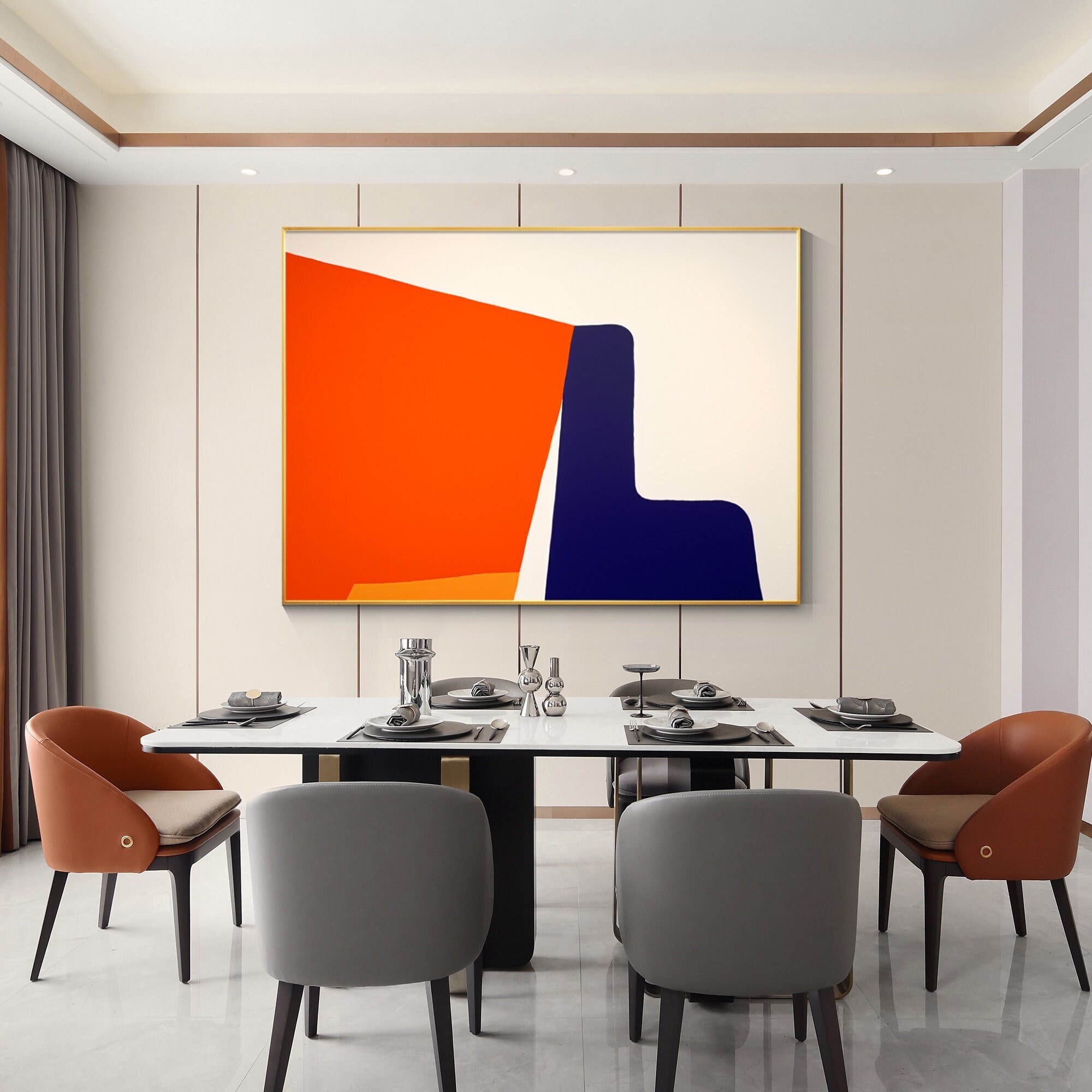 Large Modern Abstract orange navy blue White Minimalist Wall Art Color Block multi color Geometric Painting On Canvas Living room Wall Decor