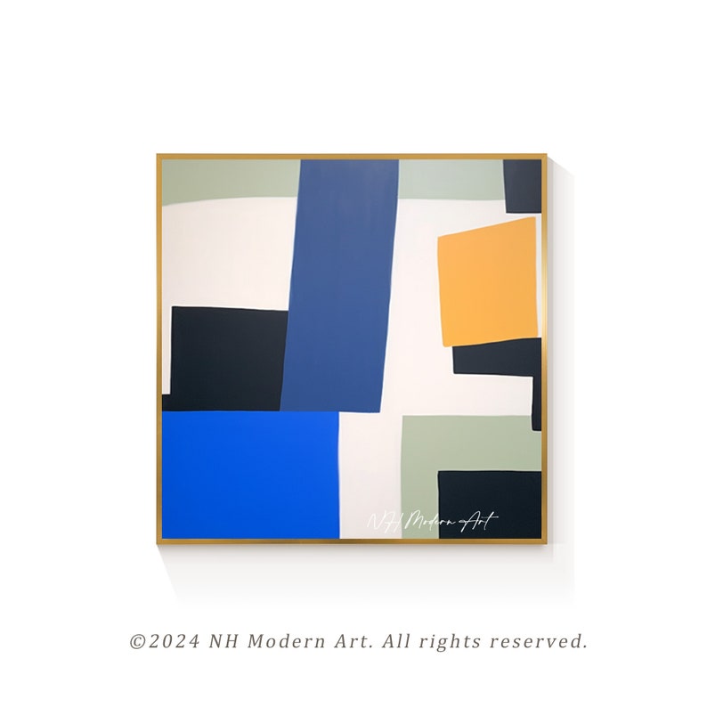 Large Abstract Oil Painting: Blue, Black & Yellow Geometric Wall Art - Etsy