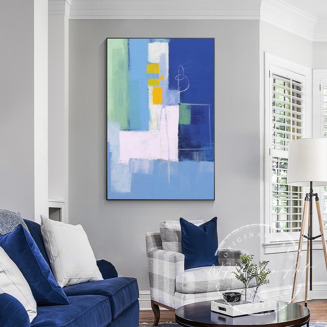 Large Abstract Blue Oil Painting on Canvas: Modern Framed Wall Art - Etsy