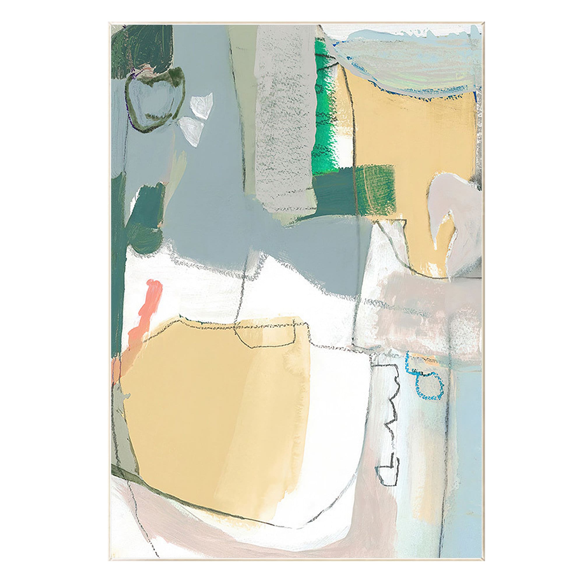 大きな抽象アクリル画：モダンな幾何学模様のカラーブロック壁装飾