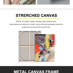 May include: A comparison of three canvas print options: unstretched canvas rolled in a tube, stretched canvas ready to hang, and a metal canvas frame in black, gold, and silver.