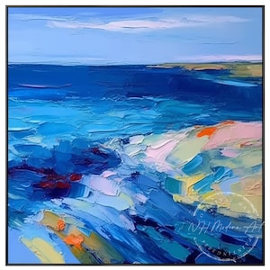 May include: Abstract painting of a seascape with blue, green, yellow, and orange hues. The painting has a textured, brushstroke effect.
