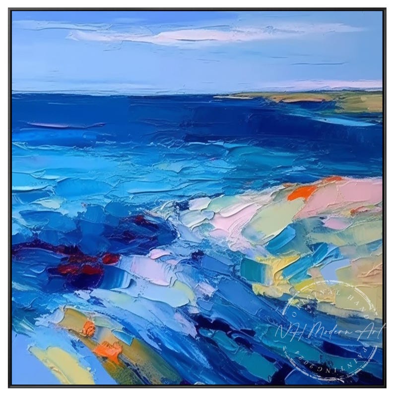 May include: Abstract painting of a seascape with blue, green, yellow, and orange hues. The painting has a textured, brushstroke effect.