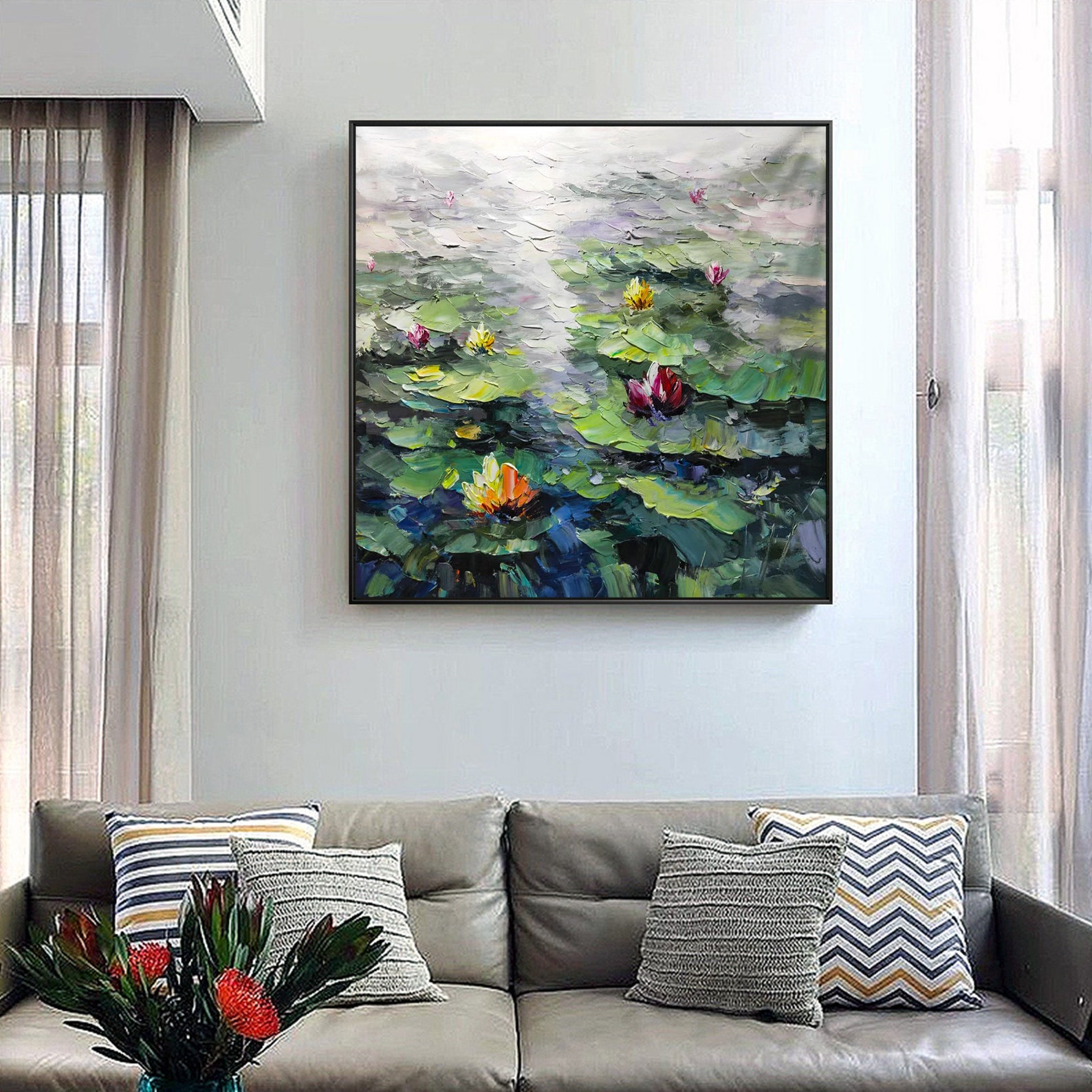 Framed Lotus Flower Oil Painting: Large Impasto Water Lilies, Modern ...