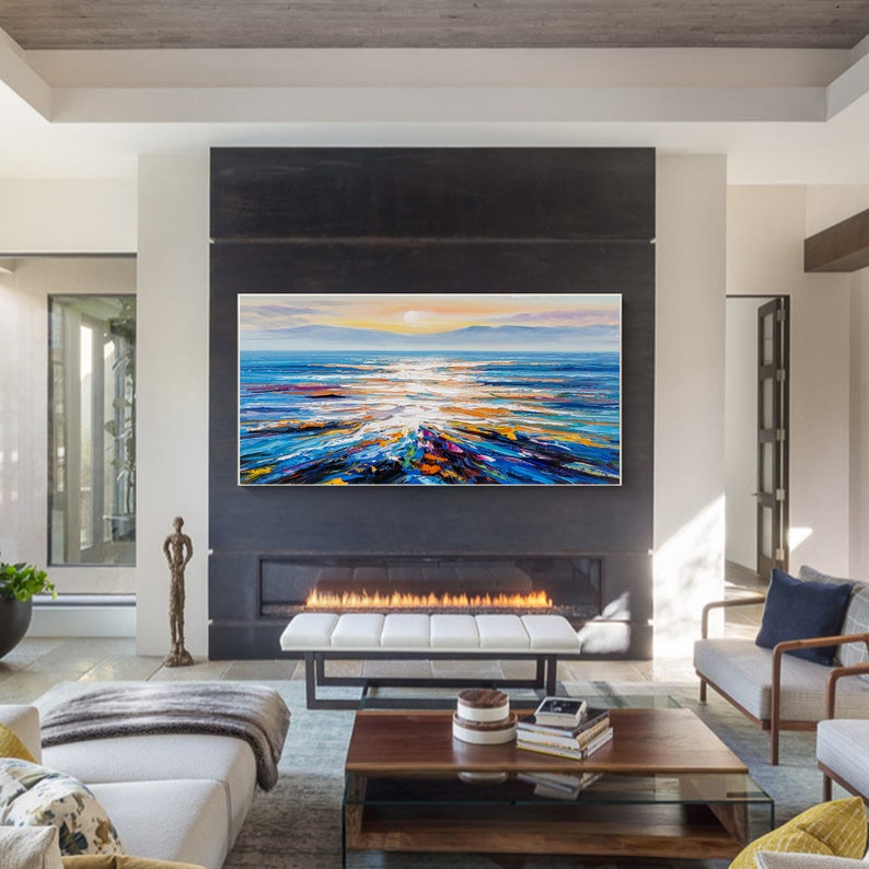 Large Modern Abstract Original Palette Knife Sunrise Ocean View oil painting Colorful Living Room Wall Decor Textured Sunset Seaview image 3