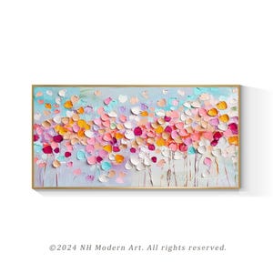 May include: Abstract painting of a field of colorful flowers in shades of pink, orange, yellow, and blue. The flowers are painted in a textured style, giving the painting a three-dimensional effect.