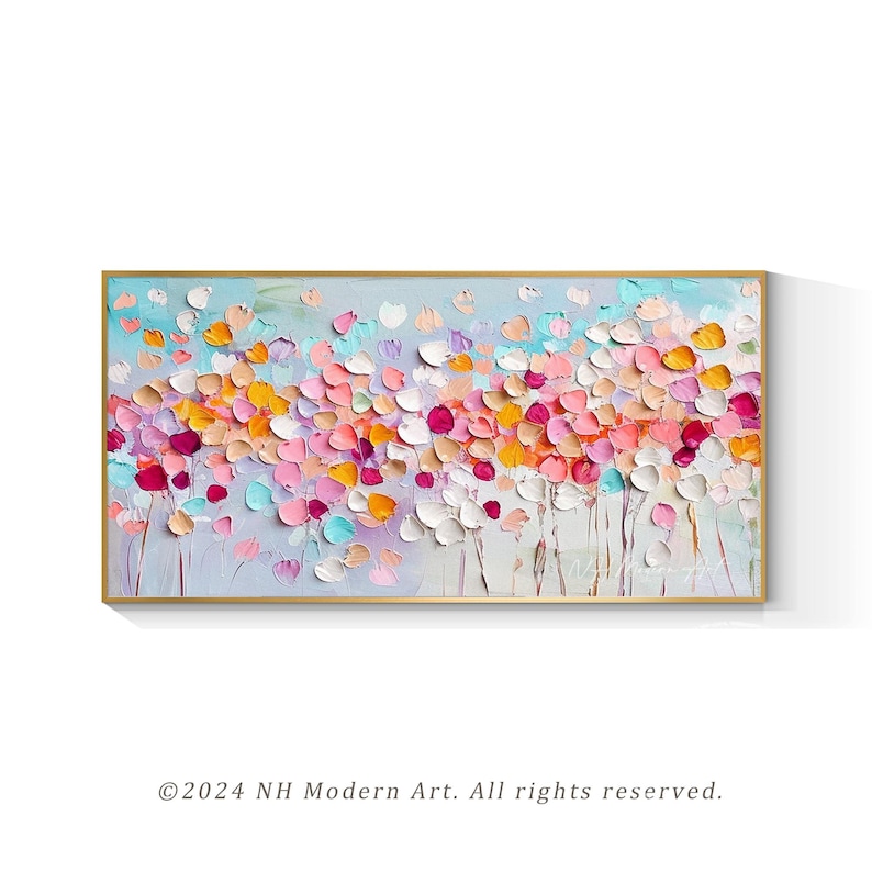 May include: Abstract painting of a field of colorful flowers in shades of pink, orange, yellow, and blue. The flowers are painted in a textured style, giving the painting a three-dimensional effect.