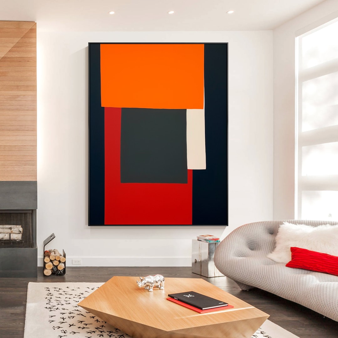 Large Modern Abstract Black Red Minimalist Wall Art Color Block Multi ...