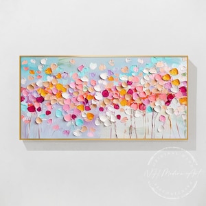 May include: Abstract painting of a field of colorful flowers in shades of pink, orange, yellow, blue, and white. The flowers are painted in a textured style, giving the painting a three-dimensional effect.