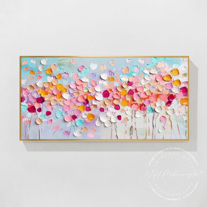 May include: Abstract painting of a field of colorful flowers in shades of pink, orange, yellow, blue, and white. The flowers are painted in a textured style, giving the painting a three-dimensional effect.