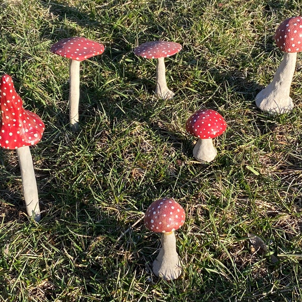 Vintage Handmade Ceramic, Fairy Garden Mushroom Set, Red with White Polka Dots, Outdoor Art, Plant Statue, Amanita, + more Garden Accessory