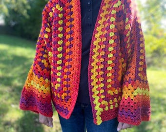 Handmade Crochet Hexagon Cardigan: Oversized Fall Colors Bell