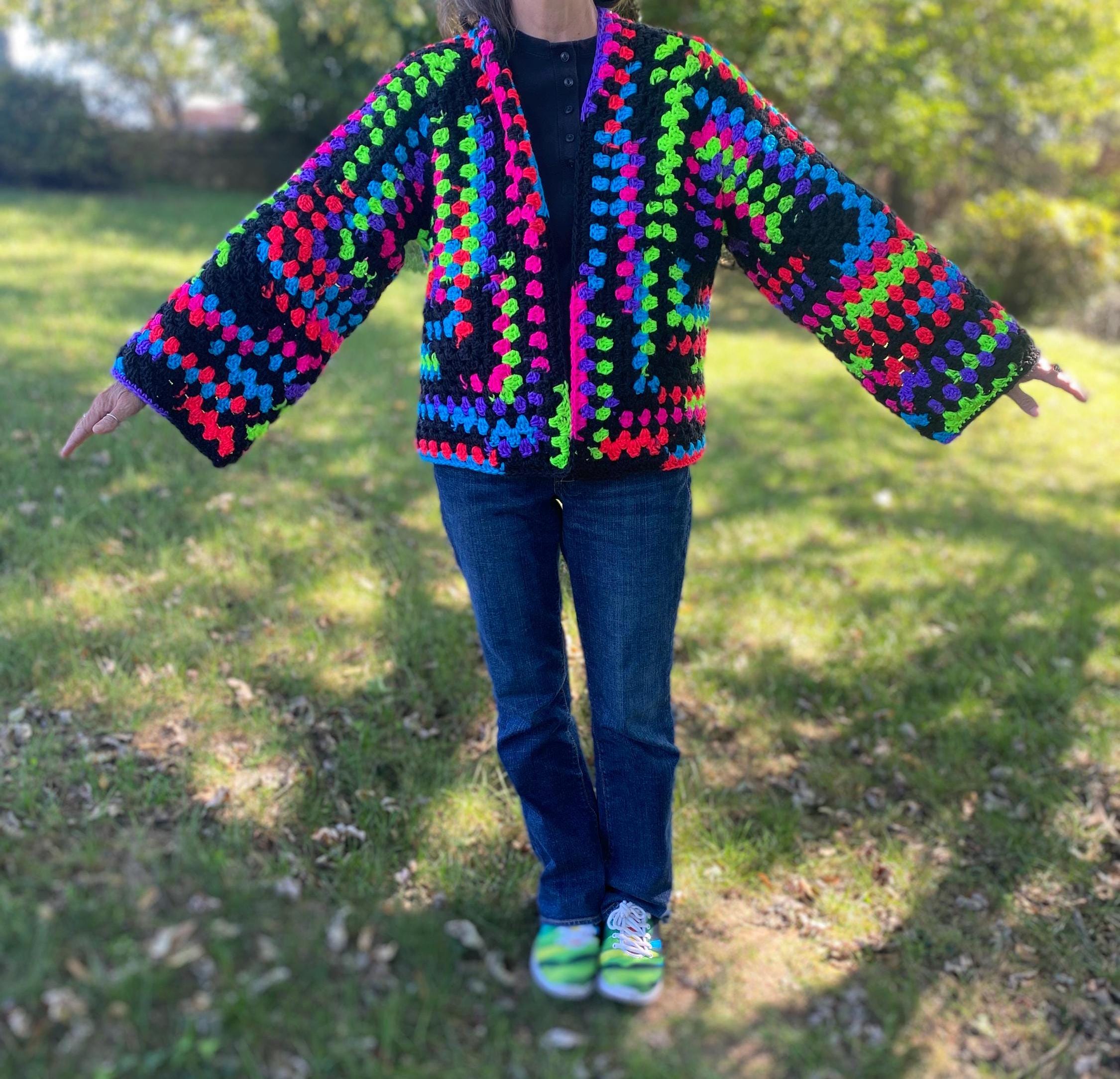 Crochet Hexagon Cardigan: Trendy Neon Cropped Cardi, Size XL - Etsy