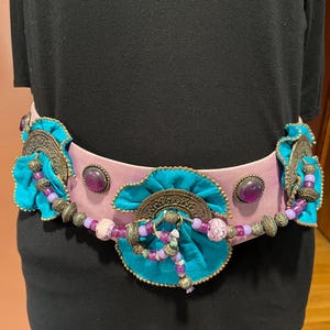 Nina Arjani vintage leather rocker/ festival 80’s  belt- adjustable M/L pink, purple, aqua 80’s vintage beads and medallions