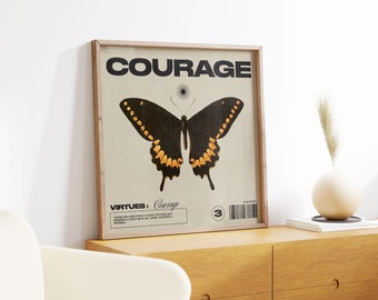 Courage Graphic Wall Print, Butterfly Art, Retro Wall Decor, Digital Download Print, Large Printable Art, Vintage Design